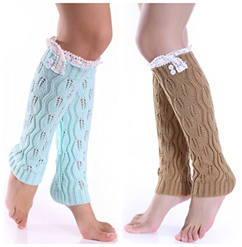 QandSweet Womens' Knitted Boot Leg Warmers Button Crochet Knee High Socks Keep Warm (Light Blue,Khaki)