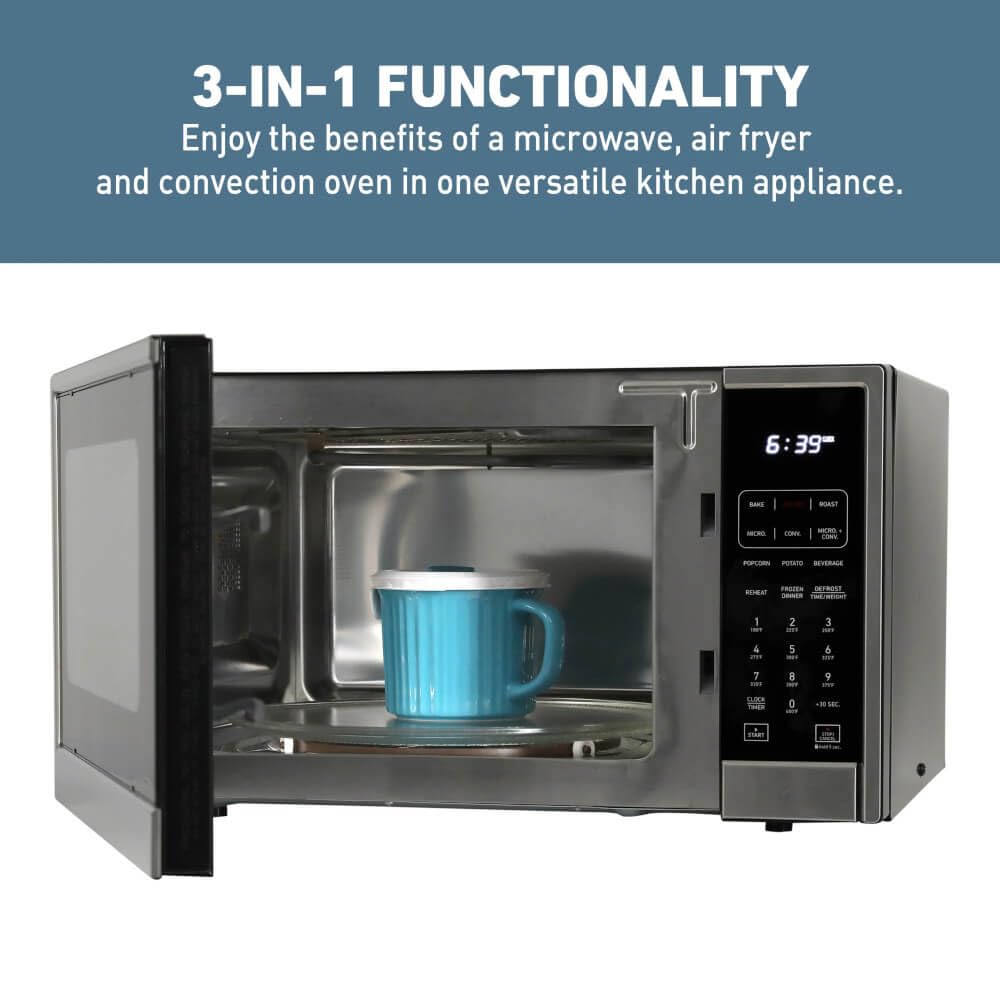 West Bend 3-in-1 Microwave Air Fryer Convection Oven 1000-Watts with 10 Power Levels and 12 Presets, Speed Defrost, Electronic Control Panel and Glass Turntable, 1.3 Cubic Feet, Stainless Steel