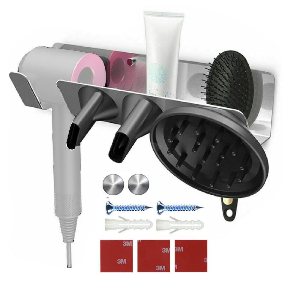 NganSuRong Hair Dryer Holder Wall Mounted, Stainless Steel Magnetic Storage for Attachments, Hairdryer Holder Stand Compatible with Dyson Supersonic, Bathroom Wall Organizer Storage