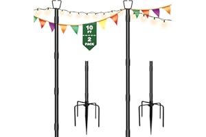 Tigerden 10Ft String Light Poles for Outside - 2 Pack Adjustable Metal Poles for Outdoor String Lights, Rustproof & Sturdy Light Stand Posts for Patio, Backyard, Deck, Garden, Party Decorations