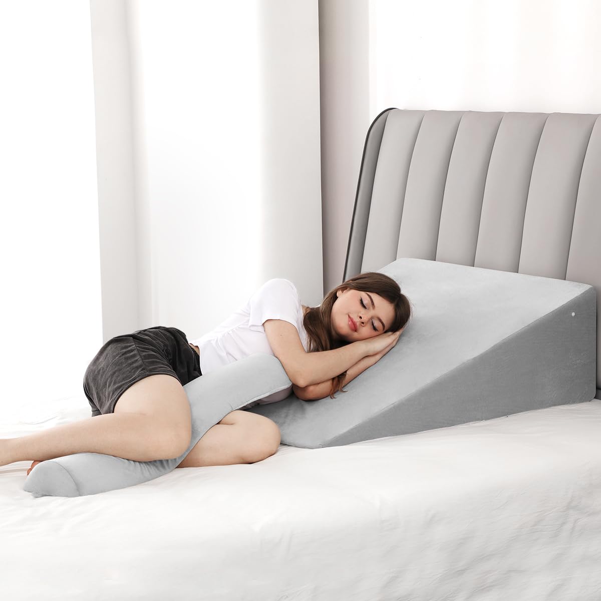 OasisSpace Double Extra Large Wedge Pillow Orthopedic Bed Wedge Pillow Set, Memory Foam Sitting Wedge Pillow for Adults, Wedge Pillow for Sleeping, GRED and Acid Reflux (12''Hx35''Lx32''W)