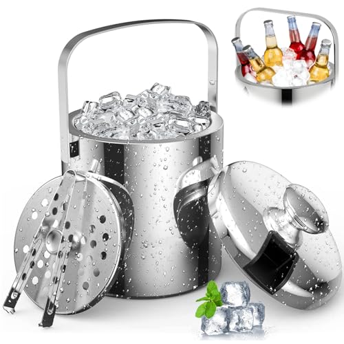 1.3L Balde Gelo Aço Inox Parede Dupla com Pegador Tampa Alça, Balde Térmico com Pinça, Tbalde Termico com Coador
