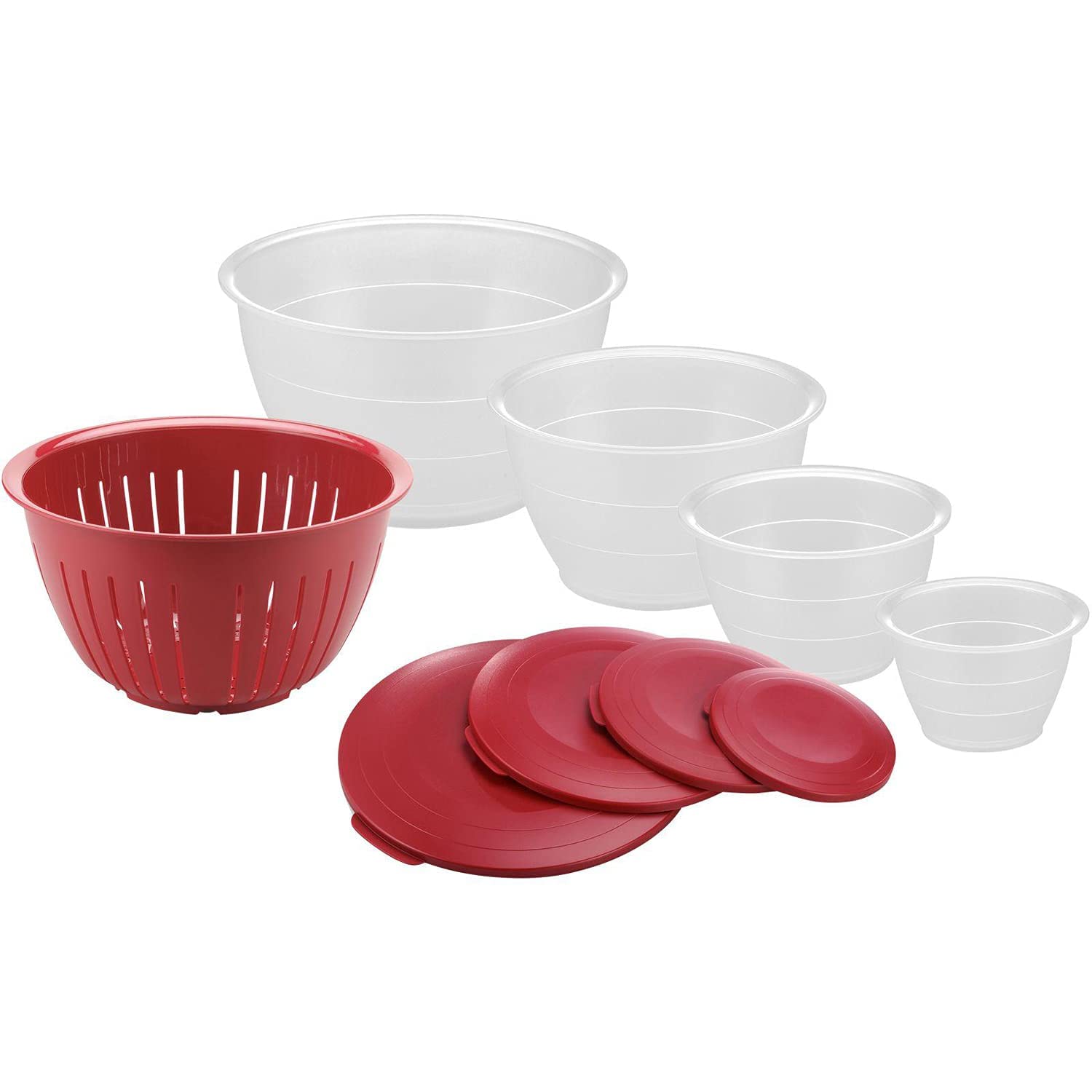 Westmark Bowl Set, 4 bowls with lids + 1 strainer, 9 pieces, Volume: 0.6/1.3/2.5/4.4 Litres, Plastic, BPA-free, Olympia, Colour: Transparent/Red, 2420226R