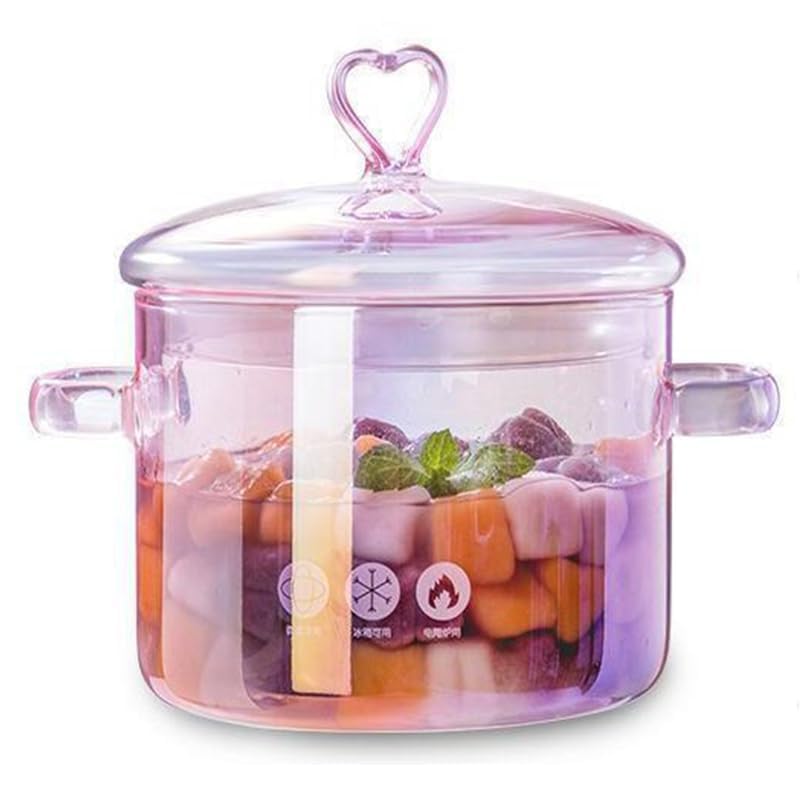 ERINGOGO Glass Cooking Pot with Cover and Handle - 1.5L/50oz Stovetop Cooking Pot with Lid Heat Resistant Glass Saucepan High Borosilicate Cookware Simmer Pot Clear Soup Pot - Pink