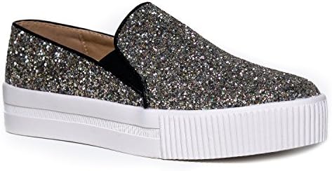 Women’s Platform Slip On Flat Sneaker – Elastic Pull on Low Casual Fashion Vegan Leather glitter Shoe