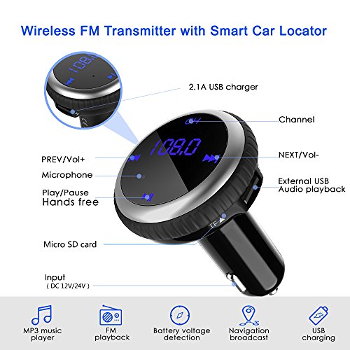 HiGoing Bluetooth FM Transmitter, Wireless Radio Receiver MP3 Player Adapter Car Kit with [Smart Car Locator], 5V 2.1A Dual USB Car Charger, Hands-free Calling for iPhone, Samsung, etc - Thumbnail 2