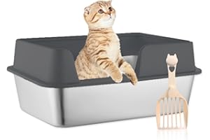 THEYFIRST Large Stainless Steel Litter Box with Lid, 19.5" x 13.6" x 6.7" Metal Litter Box with High Sides, Anti-Leakage Easy Clean Litter Box for Big Cats, Open Top Low Entry Litter Box for Senior Cats(Black)