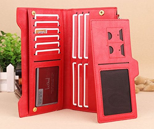 Miraclekoo Long Bifold Wallet Slim Purse Credit Card Holder Womens/mens Soft Leather Zipper Handbag (red)