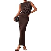 GORGLITTER Women's Ruched Cocktail Bodycon Maxi Dress Sleeveless Wedding Guest Metallic Floral Long Dresses