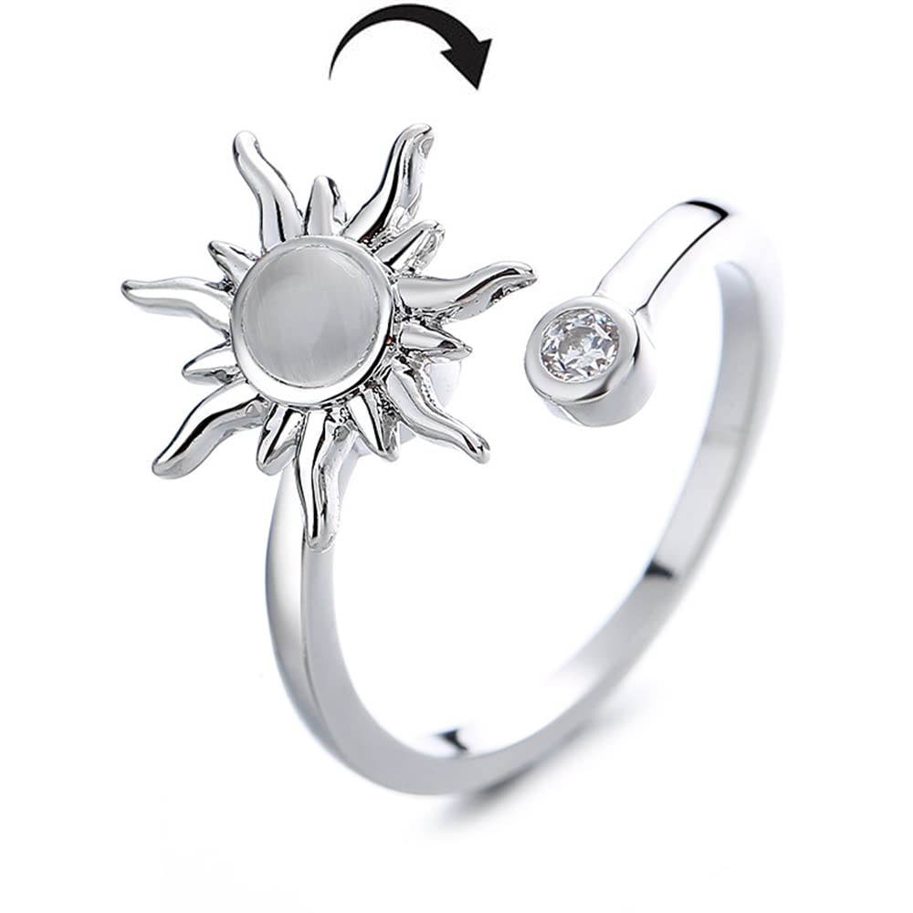 Cubic Zirconia Spinner Fidget Sun Ring for Women Girls Teens Rotate Freely Inspirations Jewelry for Anxiety Calming Worry Meditation Adjustable Stacking Middle Finger Ring Girlfriend Daughter Birthday