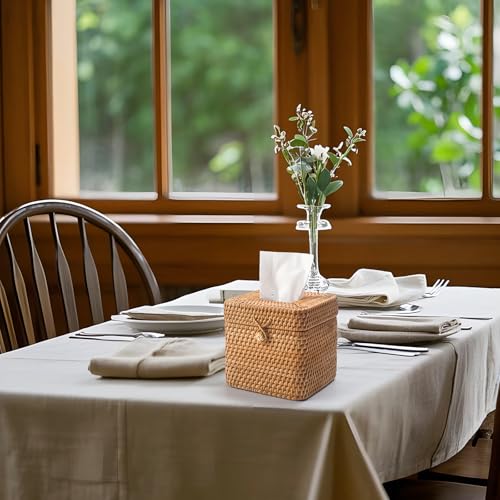 Rattan Paper Tissue Box with Lid, Square Wicker Box Holder, Facial Tissue Paper Tissue Box for Dining Table, Living Room, Bathroom, Bedroom (Natural)
