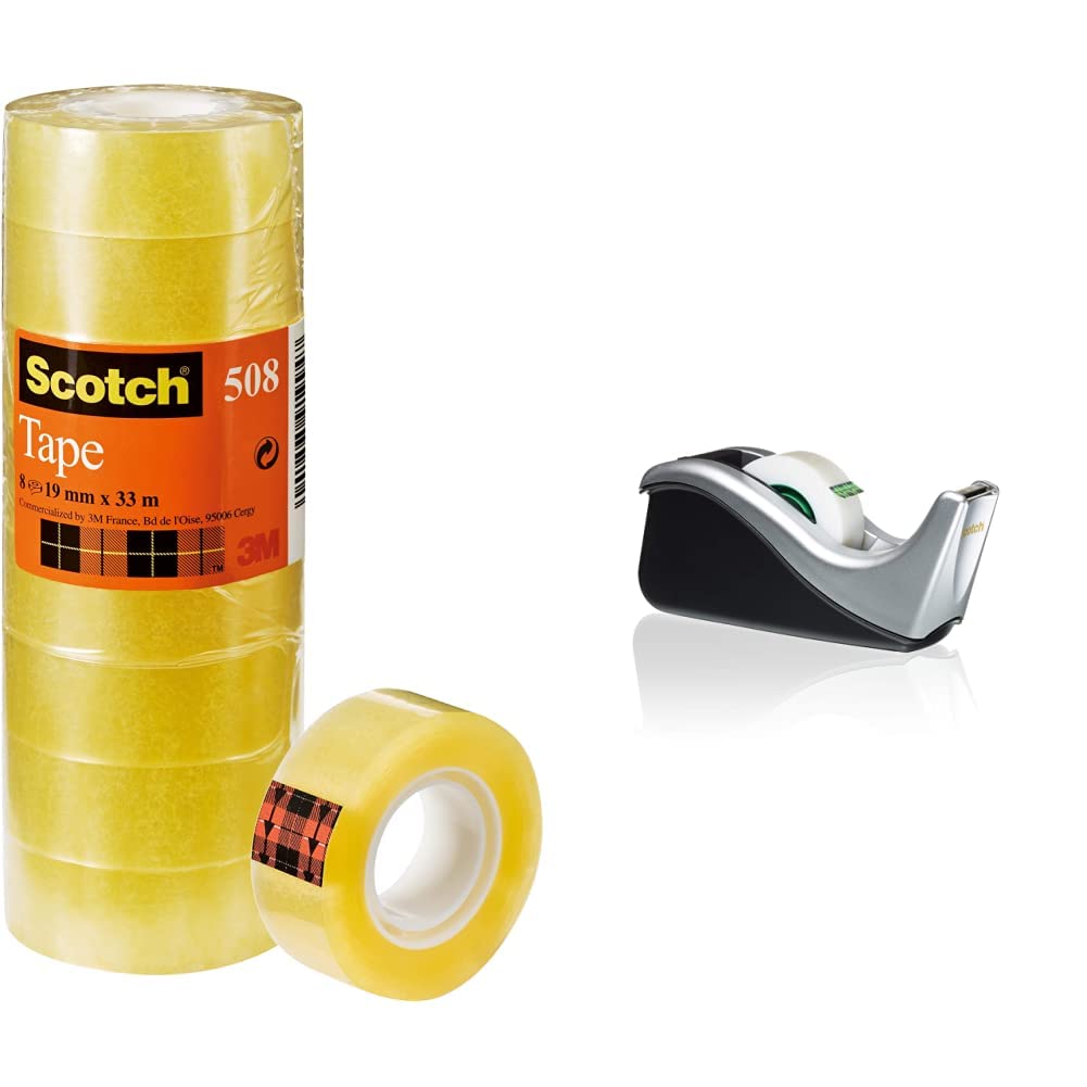Scotch Tape Dispenser in Silver with 1 Roll of Scotch Magic Tape 19mm x 33m & Transparent Tape 508 - 8 Rolls - 19 mm x 33 m - General Purpose Clear Tape for School, Home and Office