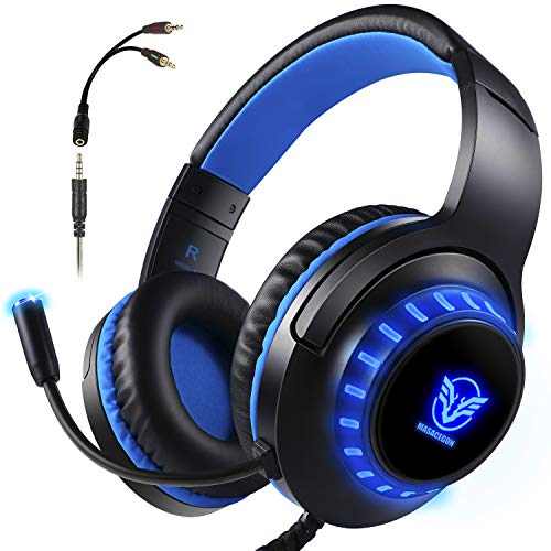 Gaming Headset for PS4, Xbox One, Over-Ear Headhones with Stereo Sound LED Light Mic (Blue)