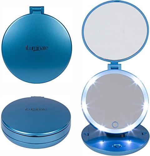 Travel Makeup Mirror with Lights - 1X and 5X Magnifying Makeup Mirror with Dimmable Lights, Batteries Included, Metallic Blue