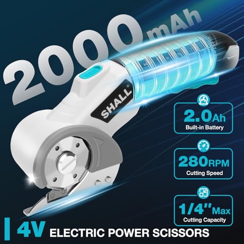 SHALL 4V Cordless Electric Scissors with Safety Lock, LED Light and Replacement Blade - Rechargeable Rotary Cutter for Fabric, Leather, Carpet, Cardboard and Plastic