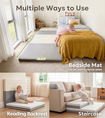 Mallify Quad-Fold Baby Kids Mat, Foldable & Portable PU Leather Kids Mat for Floor, 71" x 30" Bedside Mat, 2'' Thicken Soft Anti-Fall Playmat, Waterproof Play Mat for Kids and Children