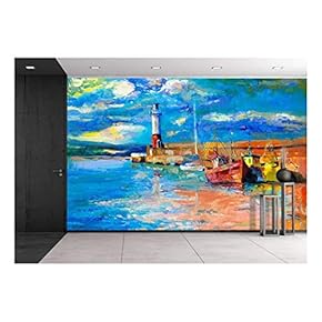 Original Oil Painting of Lighthouse and Boats on Canvas.Rich Golden Sunset Over Ocean - Removable Wall Mural | Self-Adhesive Large Wallpaper - 66x96 inches