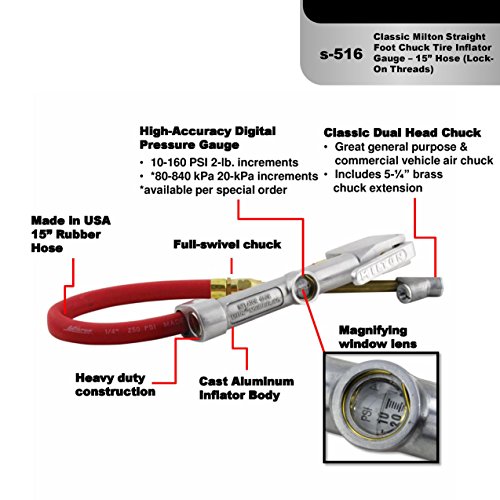 Milton (S-516) Straight Foot Chuck Tire Inflator Gauge - 15" Hose, Lock-On Threads - Thumbnail 5