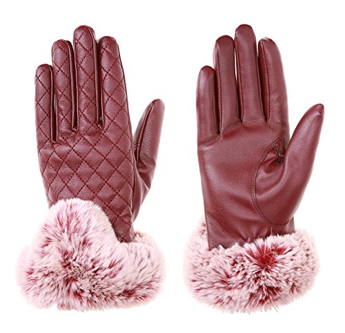 Dosoni Womens Leather Gloves Texting Touch Screen Gloves Warmest Mittens Fleece Lining (Wine Red)