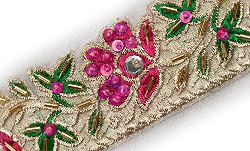 1.5 Yards Organza Hand-Beaded Pink Flower & Leaves Sewing Trim 1.5" Sequences