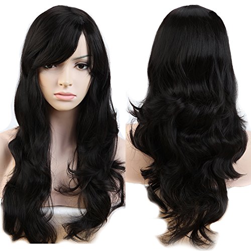 S-noilite Women Long Wavy Dark Black Full Wigs With Bangs Natural Curly Daily Cosplay Party Costume Heat Resistant Synthetic Hair Wig 19inch - Thumbnail 7