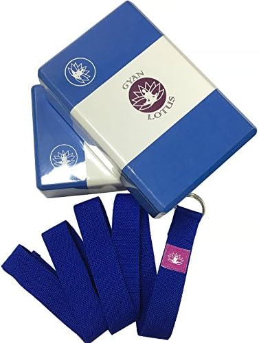 Gyan Lotus Yoga Foam Blocks and Strap Set with Metal D-Ring – Premium EVA Foam Blocks for Odor &amp; Moisture Resistant, Flexibility, Lightweight, Deepen Poses (Blue)
