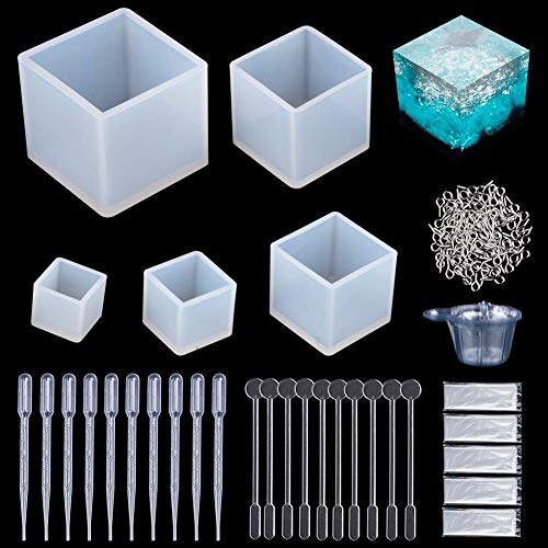 Resin Casting Molds, 145 Pcs Jewelry Casting Making Molds Set Kit,Silicone Cube Shape Paperweight Pendant,Screw Eye Pins, Disposable Plastic Cups,Stirrers,Droppers,Disposable Gloves for Polymer Clay - Thumbnail 6