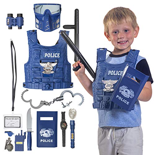 Kids Police Costume for Role Play 14 Pcs Police Toys with Police Badge, Kids Handcuffs, Shield, Vest, Flashing Light, Whistle, Police Baton - Police Officer Halloween Costume for Boys and Girls