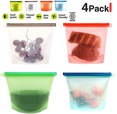 Silicone Food Bag, Reusable Airtight Seal Food Storage Container Reusale Freezer Leak-Proof Cooking Ziploc Bag Versatile Kitchen Utensil Set Of 4 Pcs for Freeze, Steam, Heat, Microwave