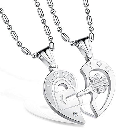 I LOVE &amp; YOU 3 Colours A Pair Of Titanium Steel Couple Pendant Necklace Crystal Rhinestones Heart Key Valentine's Day Gift By Glede (2 Silver)
