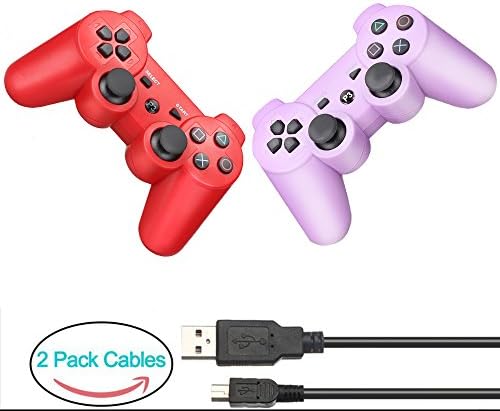 YOUCable PS3 Controller with 2 Packs Charger Cable Wireless Playstation 3 Remote Dualshock Bluetooth Gamepad (Red+Purple)