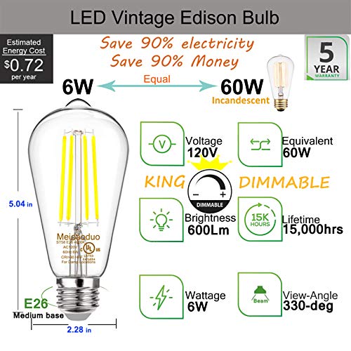Dimmable Vintage LED Edison Light Bulbs 60 Watt Equivalent, 6W LED