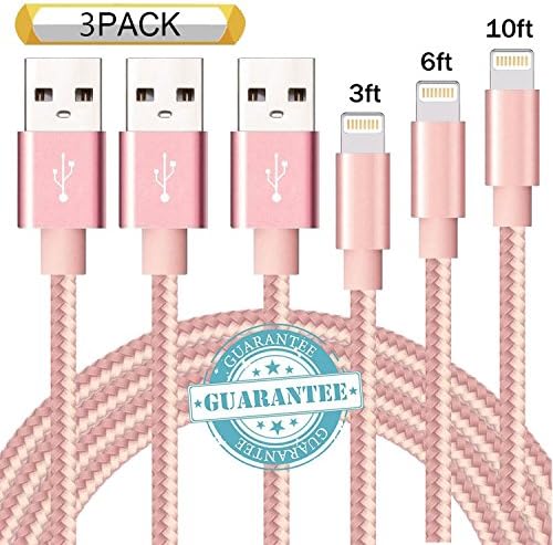 DANTENG Lightning Cable 3Pack 3FT 6FT 10FT Nylon Braided Certified iPhone Cable USB Cord Charging Charger for Apple iPhone X, 8, 7, 7 Plus, 6, 6s, 6+, 5, 5c, 5s, iPad, iPod Nano, iPod Touch - Pink