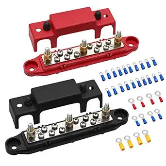 Mofeez Bus Bar -3x1/4??Post,10x#8 Screw Terminal Power Distribution Block with Ring Terminals(Pair - Red & Black)