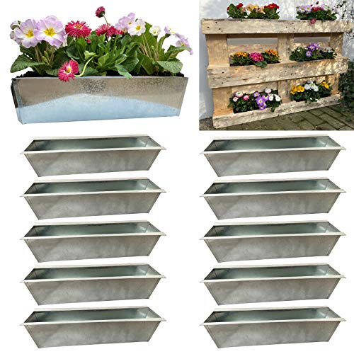 Hossi's Wholesale 10er Set Zink Paletten Blumenkästen - Einsatz 38cm groß Silber - aus Metall verzinkt - Zinkkasten Pflanzkasten Balkonkasten Blumentopf für Europaletten