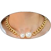 14K Gold Pearl Choker Necklace for Women, Chunky Big Round Pearl Choker Charm Cuba Link Chain Statement Necklace Vintage Punk Adjustable Neck Jewelry