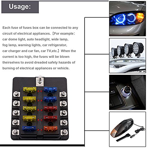 10 Circuit Boat Fuse Box,elecfan 10 Way Fuse Block Waterpoof Cover Blade Fuse Holder 32V Quick Connect Screw Terminal Free Fuses with LED Safety Indicator for Automotive Car Marine Trike (10-way)