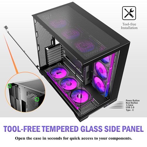 ANSAITE ATX PC-Gehäuse 9×120 mm ARGB PWM-Lüfter vorinstalliert ，Mid-Tower Gaming PC-Gehäuse, Panorama-Gehärtetes Glas Schwarz Computer-Gehäuse mit Typ-C, 360mm Radiator Unterstützung，H-D9 (Schwarz) 6