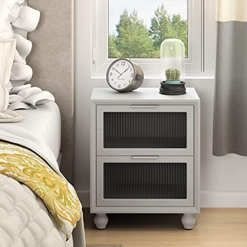 COZAYH Mid Century Modern Nightstand with 2 Drawer, Reeded Glass Front