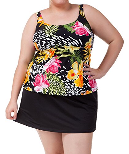 Attraco Women's Flower Tankini Top Plus Size Swimwear Scoopneck Swimsuit