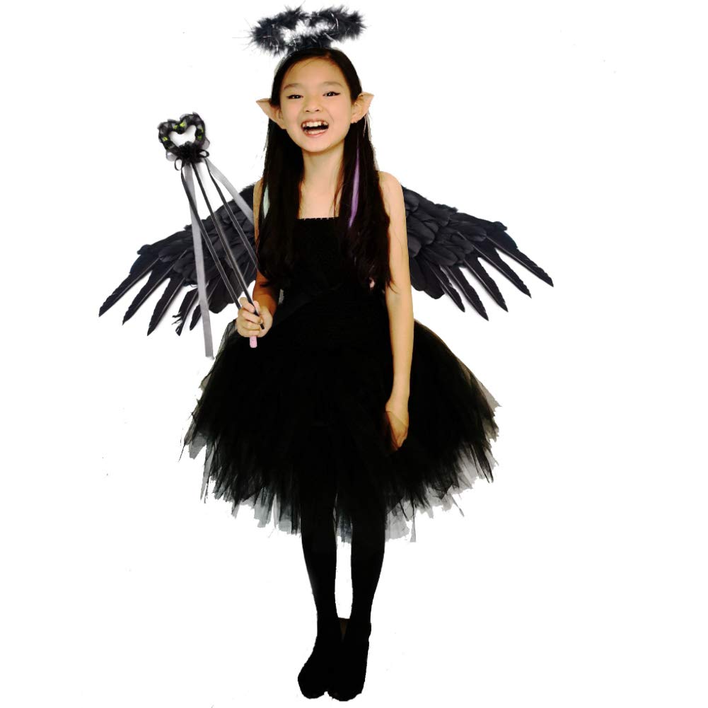 Koogel Black Angel Fairy Wings with Halo, Dark Angel Halloween Fancy Dress Costume for Kids Girls Halloween Cosplay Party