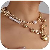 Chunky Heart Pendant Layered Necklaces for Women, Gold/Silver Puffy Heart Necklace Stack, Pearl Beads Thick Chain Stackable Choker Non Tarnish, Trendy Statement Jewelry Gift