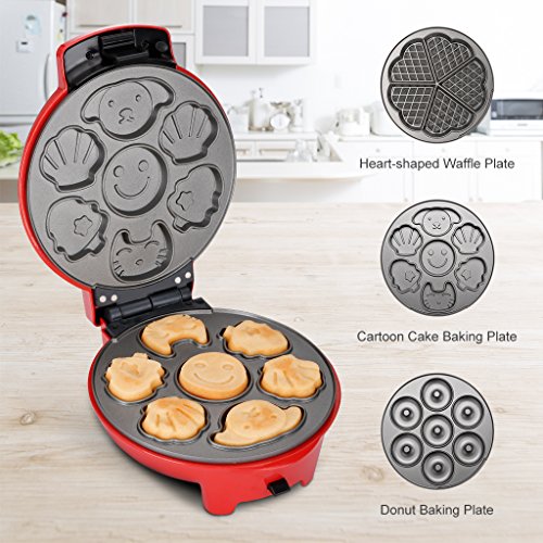 Finether Mini 3-in-1 Non-Stick Snack Maker, Aluminum Multi-Plate Waffle Iron for Donuts Heart-Shaped Waffles Cartoon Cakes, Adjustable Temperature, Easy to Clean, Cord Wrap & Cool Touch Handle, Red - Thumbnail 2