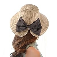 Aerusi Womens Light Weight Bow Bucket Straw Sun Hat (Beige)