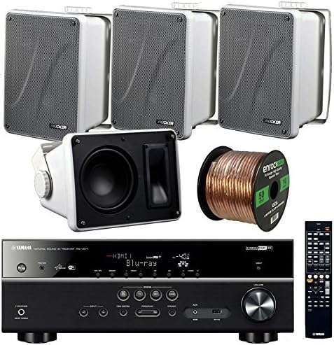 Yamaha RX-V577 - 7.2-Channel Home Theater Bluetooth USB Receiver -Wifi &amp; Apple AirPlay Bundle Combo With 4x Kicker KB6000W 6.5" 150W White Bookshelf Waterproof Speaker + Enrock 50 Feet 16-Gauge Wire