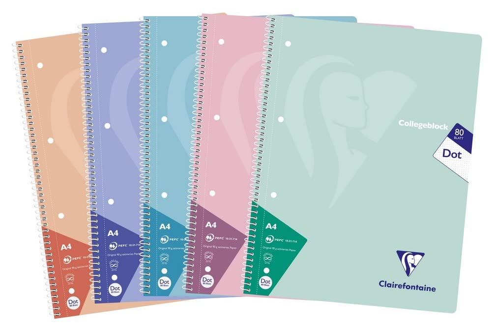 Clairefontaine 306253C - One Pack of 5 School Notebooks, DIN - Dimensions: A4 21x29.7 cm - 160 Pages - 90g - Dotted - Assorted Pastel Colours - 1 Pack