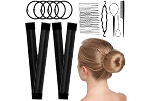 PMRXSETD Magic Hair Bun Maker Donut 2 PCS - French Twist Hair Styling Tool Snap Roll, Hair Bun Accessories with 20 Hair Bobby Pins, 5 Elastic Bands and 4 Pony Hair Tool for Women Kids & Thin Hair (Black)