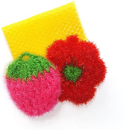 Cleaning Sponge Pad Net Cloth Set 3PACK for Washing Dishes Durable Dish Scrubber Heavy Duty Handmade to make acrylic thread Kitchen Sponges Fast Drying (3, Pink+Red)