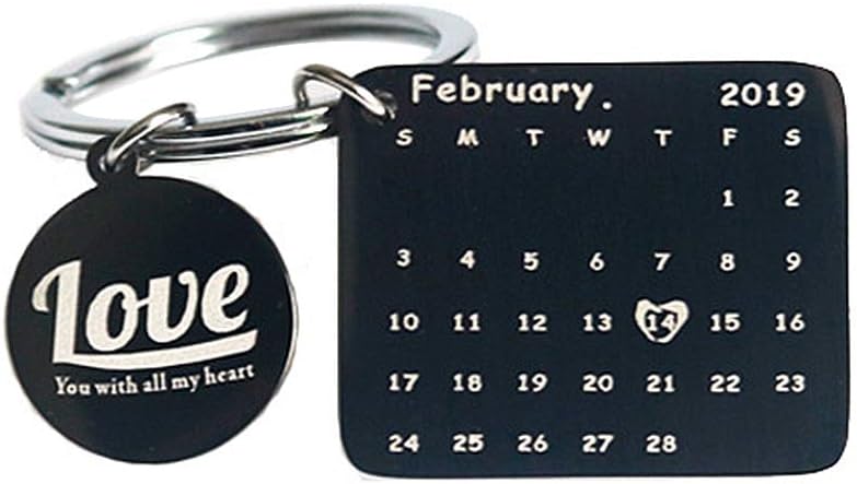 Gloryis Personalized Calendar Date Engraved Message Stainless Steel Dog Tag Keychain Heart Charm Memorial (Black)