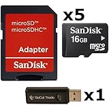 5 PACK - SanDisk 16GB MicroSD HC Memory Card SDSDQAB-016G (Bulk Packaging) LOT OF 5 with SD Adapter and SoCal Trade USB 2.0 MicoSD & SD Memory Card Reader